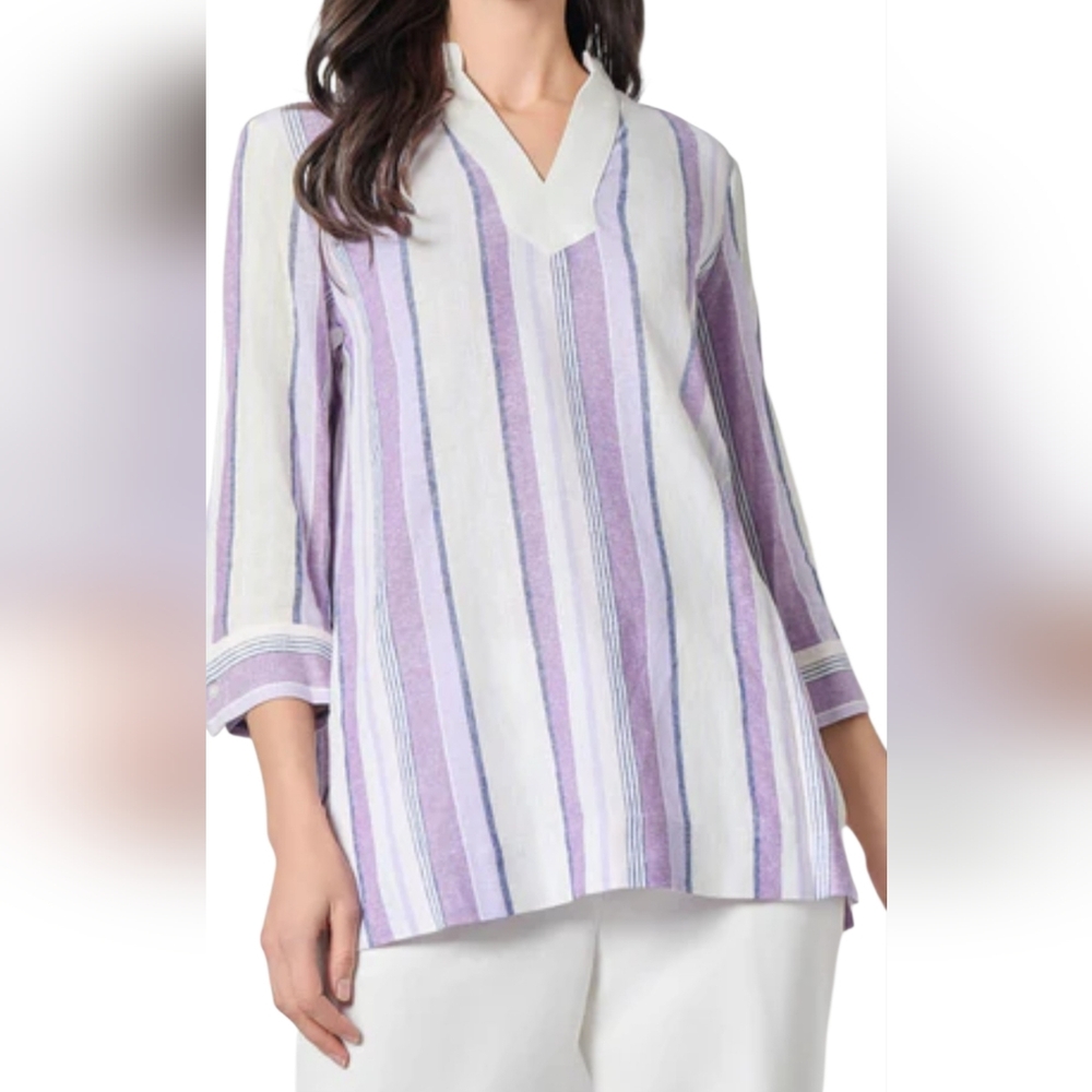 Kasper Striped Top Linen Blouse  Lavemder Mist Multi Women's Size Small